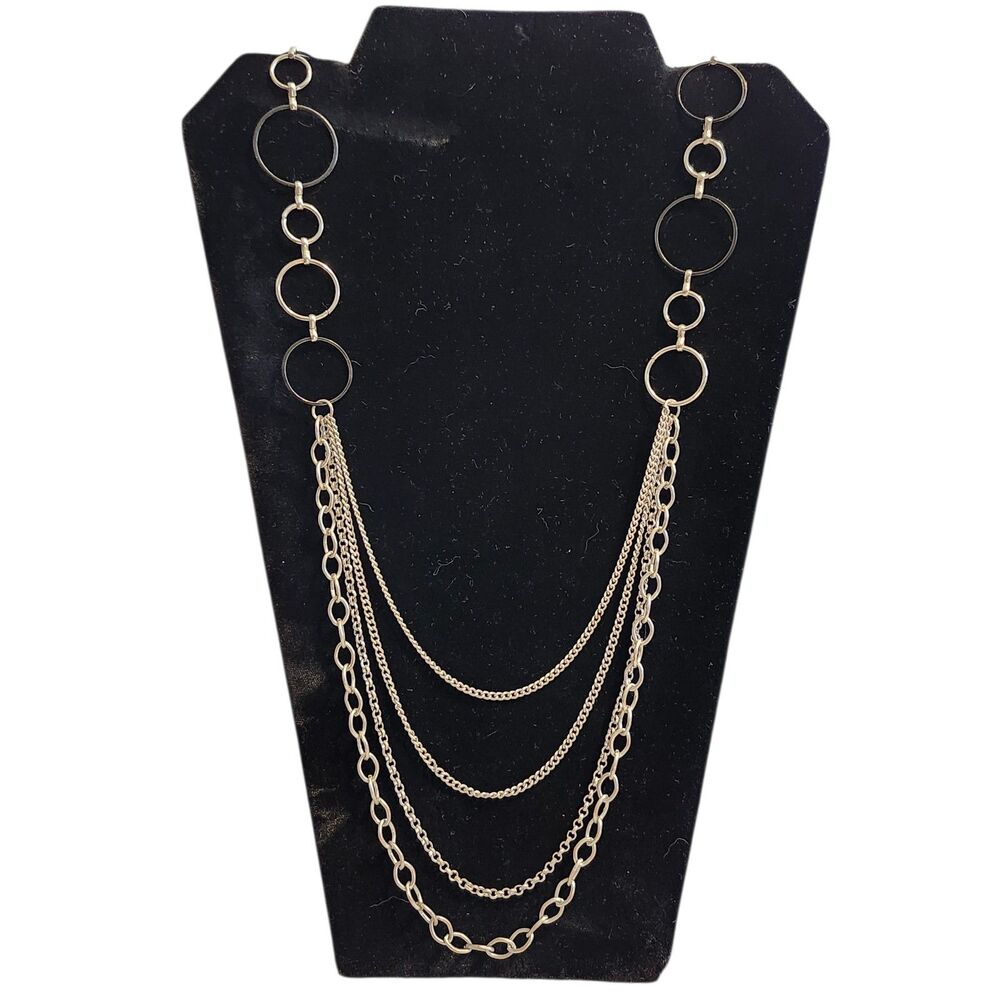 Multi Strand Black and Silver-toned Chain Link Necklace 42"